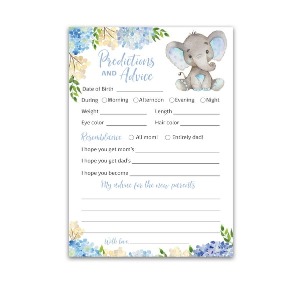 BLUE ELEPHANT Prediction and Advice Cards - Pack of 25 - BOY Baby Shower Games, New Parents, Mom & Dad to be, Mommy & Daddy Message, Couples Shower Activity Keepsake Book Floral Flowers G531-PDAV