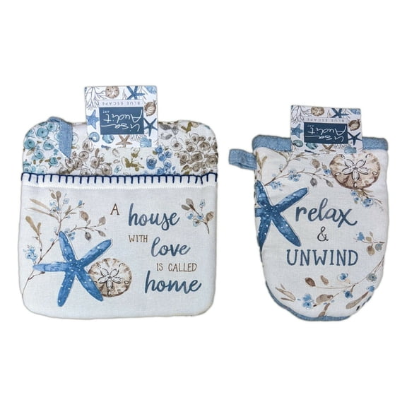 BLUE ESCAPE Beach Sea Shells & Starfish Potholder & Oven Mitt Set, by Kay Dee
