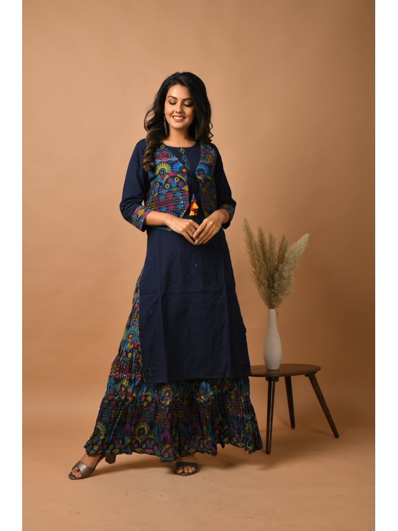BLUE KUTCH WORK JACKET KURTA SKIRT SET