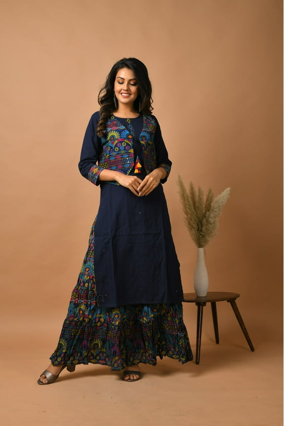 BLUE KUTCH WORK JACKET KURTA SKIRT SET
