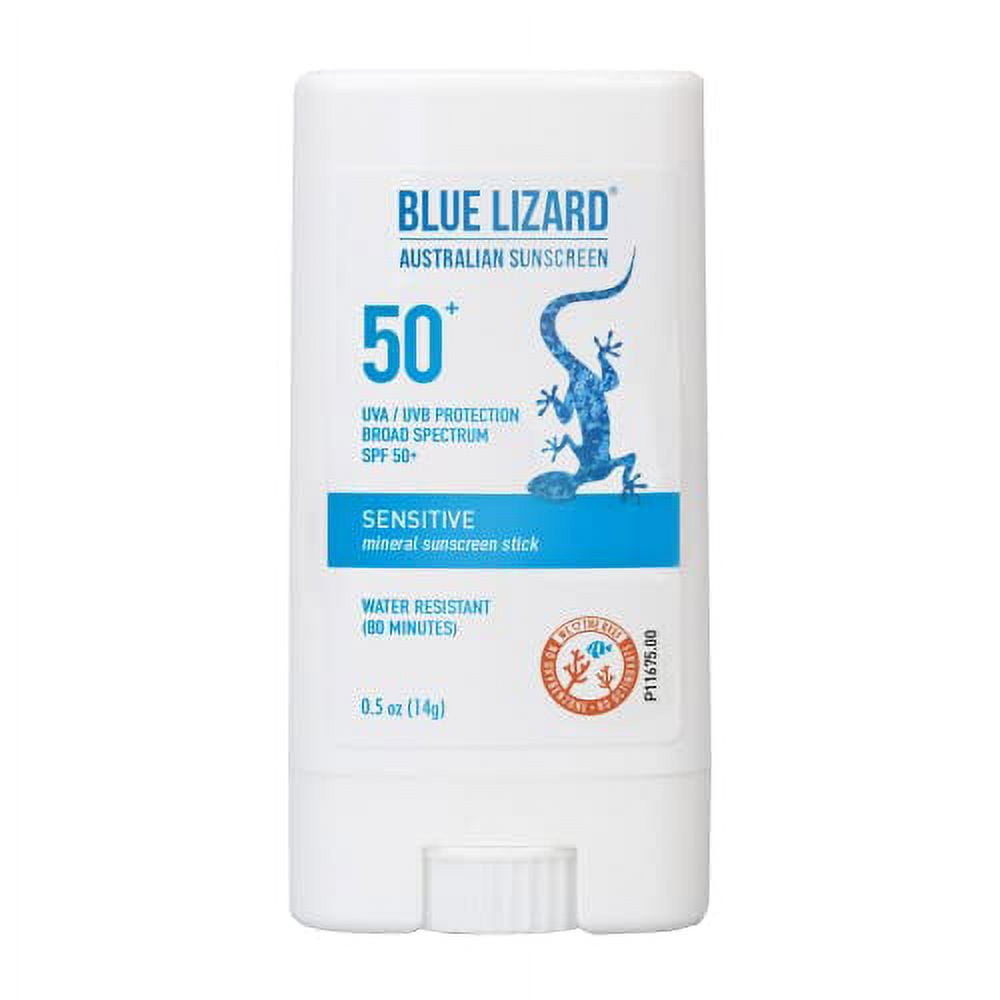BLUE LIZARD Sensitive Mineral Sunscreen Stick with Zinc Oxide, SPF 50+, Water Resistant, UVA UVB Protection Easy to Apply, Fragrance Free, 0.5 Oz