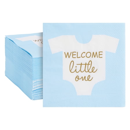 BLUE PANDA Baby Boy Shower Decorations - 5 x 5 In Light Blue & Gold Foil, 100 Pack Napkins - Welcome Little One Design Napkins for Baby Shower