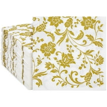 BLUE PANDA 100 Pack White & Gold Disposable Floral Paper Napkins, 6.5x6.5 Inches, Decorative Napkins for Wedding Reception, Birthday, Anniversary