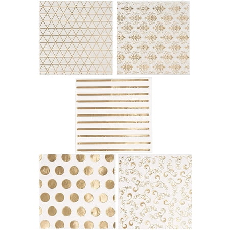 BLUE PANDA Cocktail Napkins - 5x5 In, White & Gold, 100 Count - Decorative Paper Napkins with Gold Trim & Foil Design - 3-Ply Absorbent Disposable