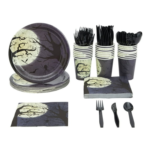 BLUE PANDA Disposable Paper Plates Dinnerware Set - 9-Inch Black, 144-Piece, Serves 24 - Halloween Party Plates & Cups with Napkins & Cutlery - Full Moon & Bats Design