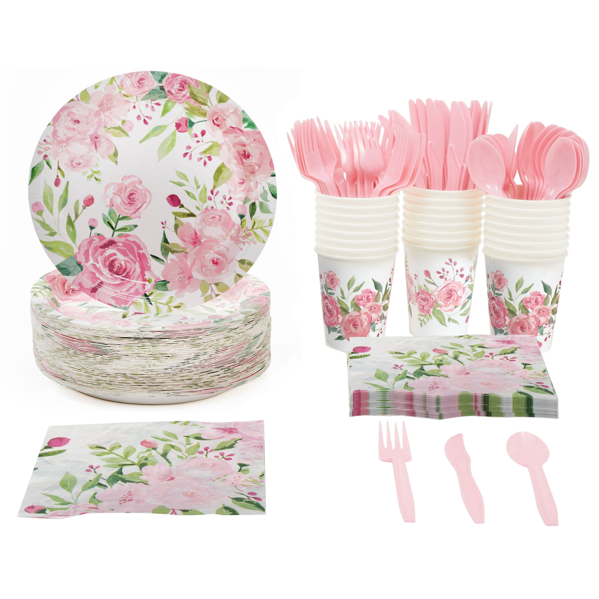 BLUE PANDA 144 Piece Vintage Style Tea Party Supplies, Includes Disposable Floral Paper Plates, Napkins, Cups, & Cutlery, For Baby Showers, Weddings & More, Serves 24