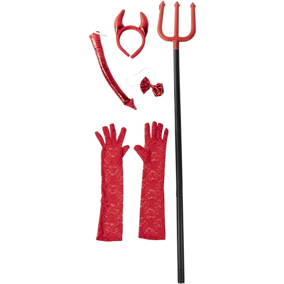 BLUE PANDA 5-Piece Devil Halloween Costume with Red Felt Horned Headband, Bow Tie, Tail, Pitchfork, and Lace Gloves, Complete Girls Devil Costume Set for Halloween Parties and Dress-Up