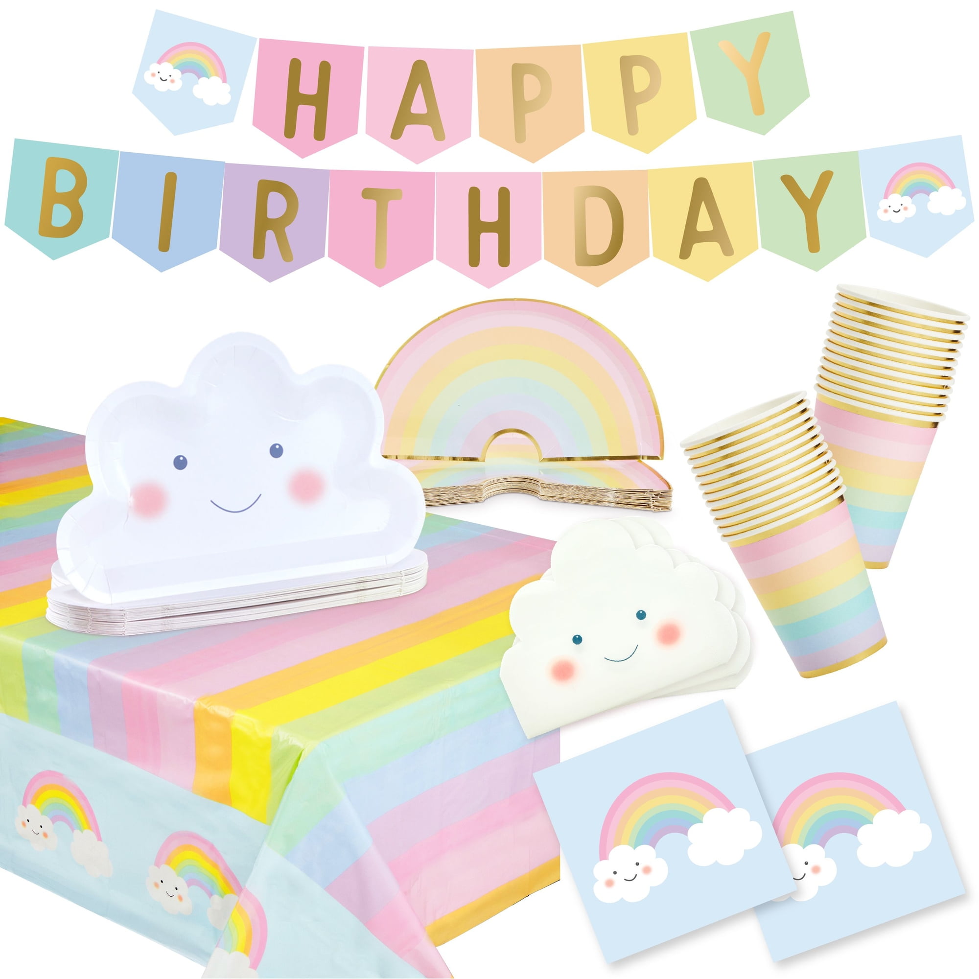BLUE PANDA Rainbow Party Supplies, Serves 24 Guests, Pastel Dinnerware Set Includes 2 Tablecloth, Cloud Napkins, Rainbow Cups, Plates and Happy Birthday Banner Decorations, 99 Piece