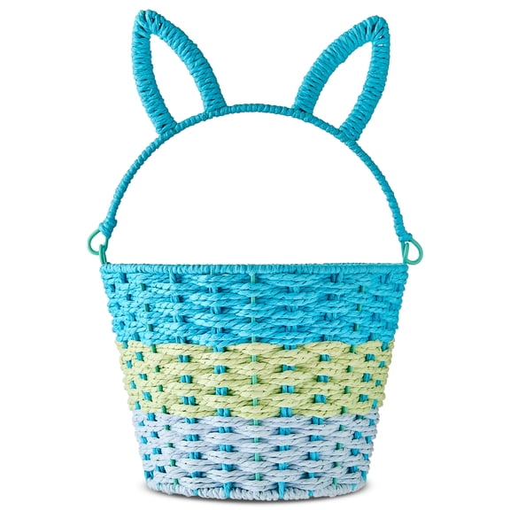 Round Bunny Ear Handle Paper Basket, Blue and Green, 9" x 6.5", Easter by Way To Celebrate