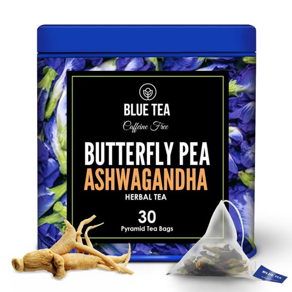 BLUE TEA Butterfly Pea & Ashwagandha Tea, 30 Tea Bags, Caffeine-Free Herbal Tea, Vegan, Non-GMO