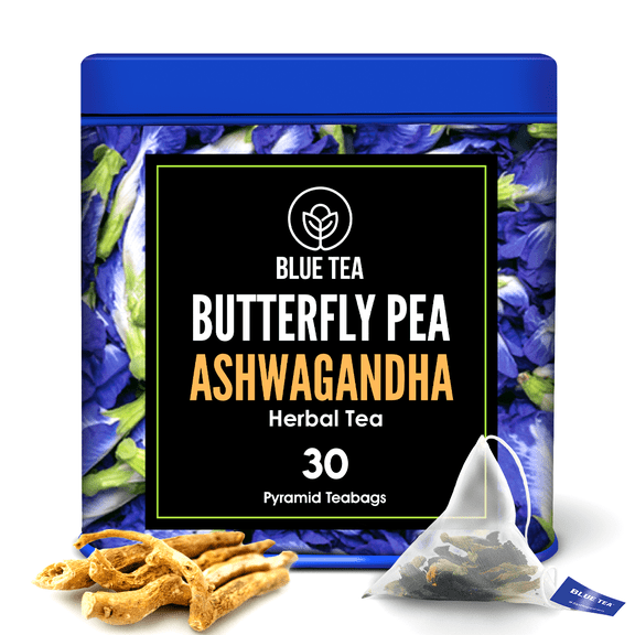 BLUE TEA - Butterfly Pea Flower Ashwagandha Herbal Tea | 30 Pyramid TB | Natural Food Coloring, Iced Tea, Cooler, Cocktails | Caffeine-free - Premium Tin Pack - Gift