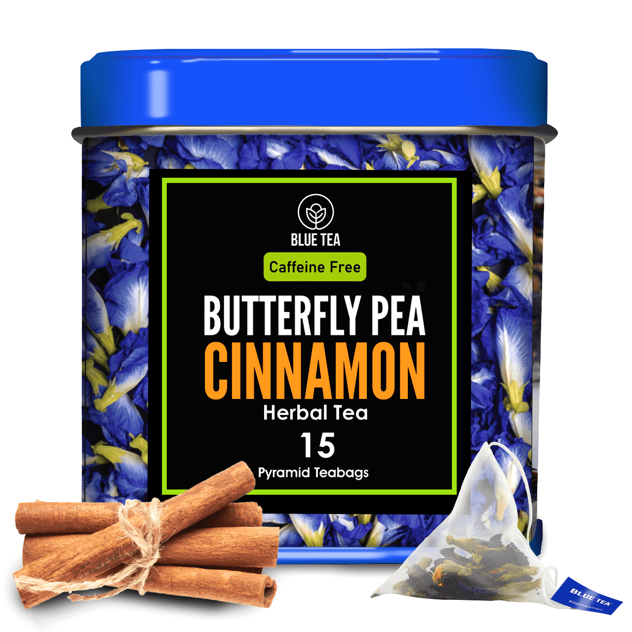 BLUE TEA - Butterfly Pea Flower Cinnamon Herbal Tea - 15 Plant-Based Tea Bags || Herbal Tea - Caffeine Free | Eco-Conscious Tin Pack