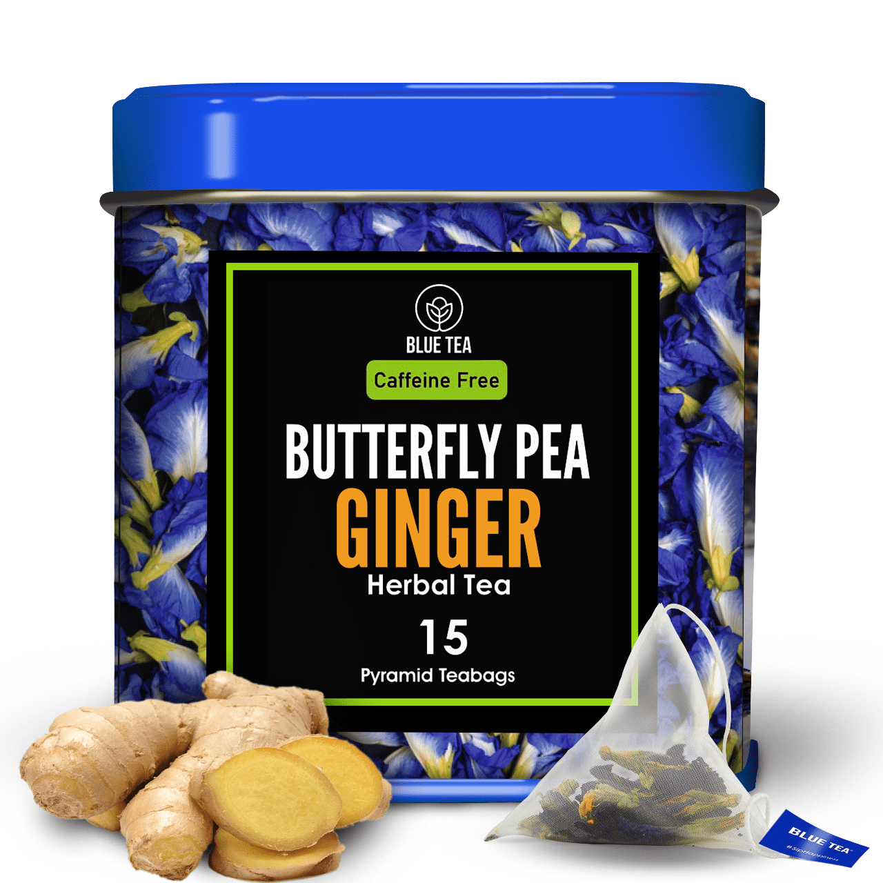BLUE TEA - Butterfly Pea Flower Ginger Herbal Tea - 15 Pyramid Tea Bags - Premium Tin Pack