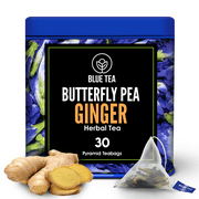 BLUE TEA - Butterfly Pea Flower Ginger herbal tea - 30 Tea Bags | NATURAL COLORING for FOOD, Iced Tea | SUPER ANTI-OXIDANTS - IMMUNE SUPPORT | Premium Tin Pack
