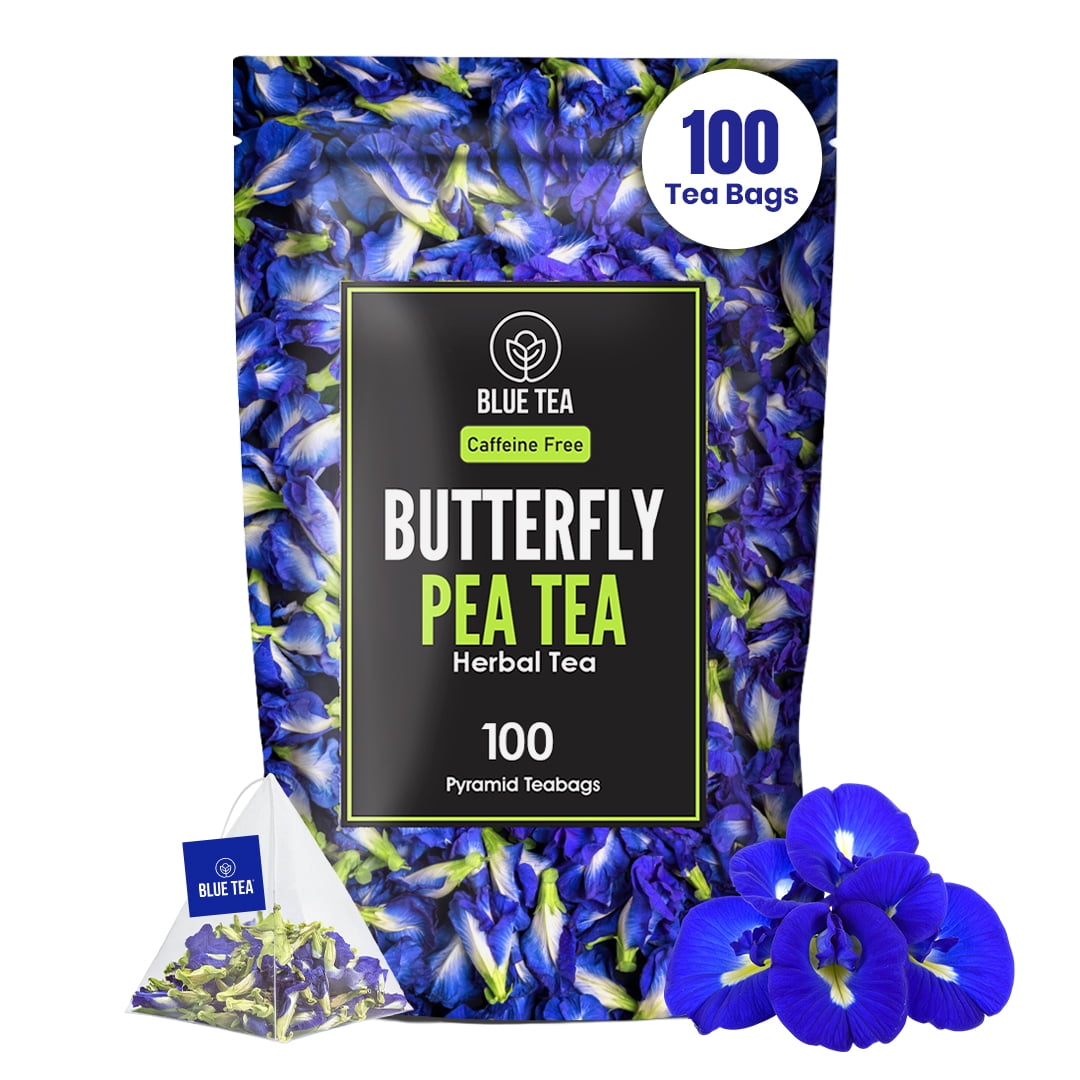 BLUE TEA - Butterfly Pea Flower Tea - 100 Count - Pyramid Plant Based Tea Bag - Herbal Tea - Flower Based - Caffeine Free - Zipper Pack