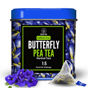 BLUE TEA - Butterfly Pea Flower Tea - 15 Pyramid Tea Bags | 30 Cups | DIRECTLY FROM SOURCE | Food Coloring, Blue Purple Pink ICED TEA, Cooler, Cocktails , Mocktails | Vegan - Gluten Free - GMO Free |