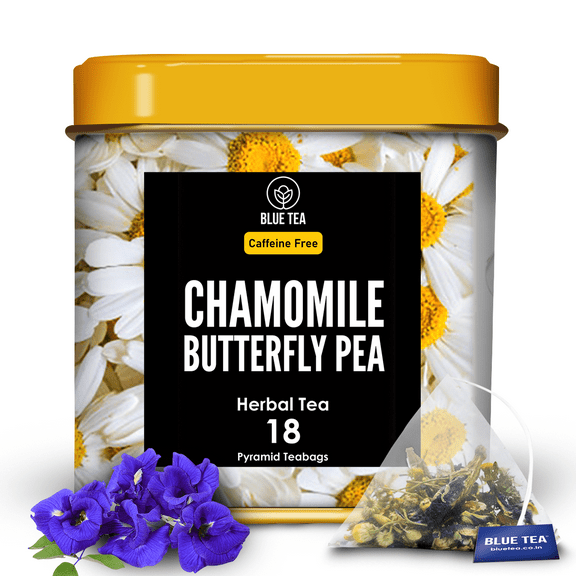 BLUE TEA - Chamomile Butterfly Pea Flower Tea Bags - 18 Pyramid Tea Bags | Premium Eco- Friendly Tin Packaging | Caffeine Free - Herbal Tea