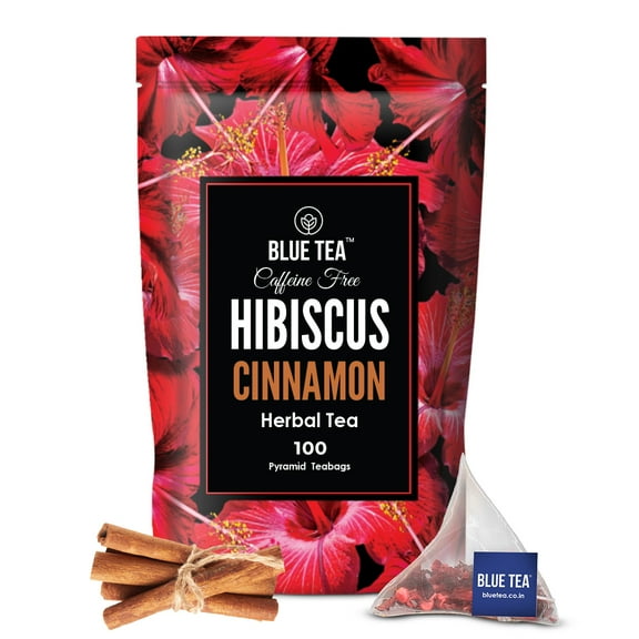 BLUE TEA - Hibiscus Cinnamon Herbal Tea - 100 Tea Bags || CAFFEINE FREE || Tangy & Spicy Tea - Eco-Conscious Ziplock Pouch