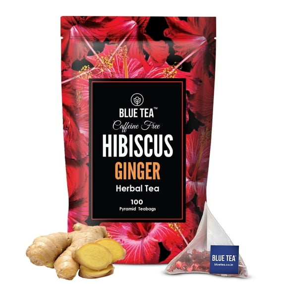 BLUE TEA - Hibiscus Ginger Herbal Tea - 100 Tea Bags || Caffeine Free || Hibiscus - Ginger | Ziplock Pouch