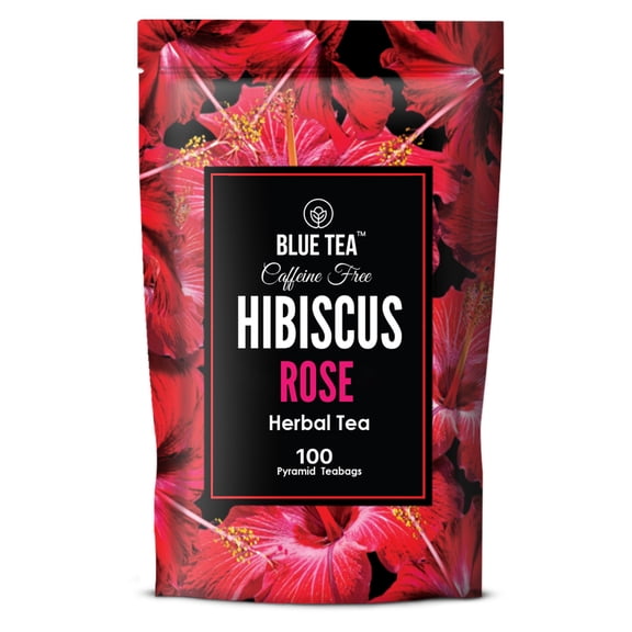BLUE TEA - Hibiscus Rose Herbal Tea - 100 Tea Bags || CAFFEINE FREE || Hibiscus + Rose | Eco-Conscious Ziplock Pouch