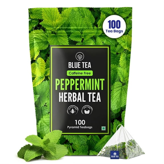 BLUE TEA - Peppermint Tea - 100 Count - Plant Based Tea Bag || SUPPORTS DIGESTION || Antioxidant Rich | Fresh & Cool Minty Flavour | Caffeine Free - Herbal Tea - Non-Bitter - Leaf Based | Ziplock