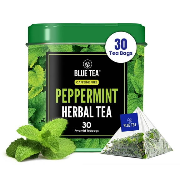 BLUE TEA - Peppermint Tea - 30 Count - Pyramid Plant Based Tea Bag | Herbal Tea - Caffeine Free - Refreshing Tea | Tin Pack