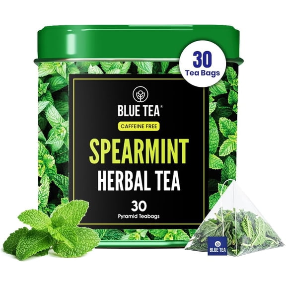 BLUE TEA Spearmint Tea, 30 Pyramid Tea Bags, Caffeine Free Herbal Tea for Digestion & Calm