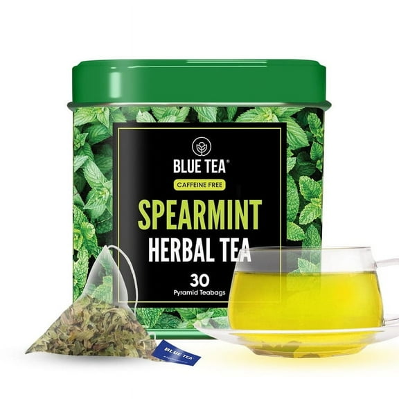 BLUE TEA - Spearmint Tea - 30 Count - Pyramid Plant Based Tea Bag | ANTIOXIDANT RICH | Caffeine Free - Non-Bitter - Herbal Tea - Non-GMO | Leaf Based - Mood Relaxing | Tin Pack