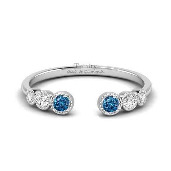 BLUE TOPAZ ANNIVERSARY Ring, Topaz And White Round Cut Gemstone Birthstone Ring in Sterling Silver, Wedding Band Ring,Gifts For Her.