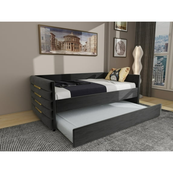 BLUE UPHOLSTERED TWIN SIZE DAYBED WITH TRUNDLE, VELVET FABRIC, NO BOX SPRING REQUIRED, COMFORTABLE AND SIMPLE DESIGN MODELS