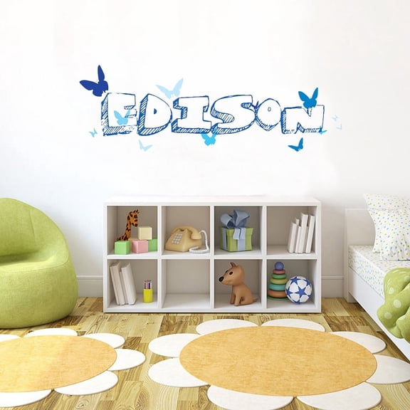 Picniva Personalized Baby Name Butterfly Font 1 Vinyl Wall Decal, Blue, 4 in Tall, Removable, Personalized Nursery Kids Bedroom Decor, Home Decor