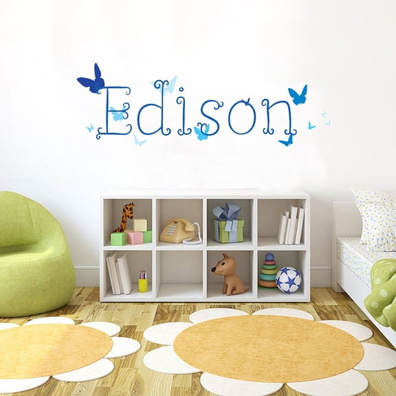 Picniva Personalized Baby Name Butterfly Font 5 Vinyl Wall Decal, Blue, 15 in Tall, Removable, Personalized Nursery Kids Bedroom Decor, Home Decor