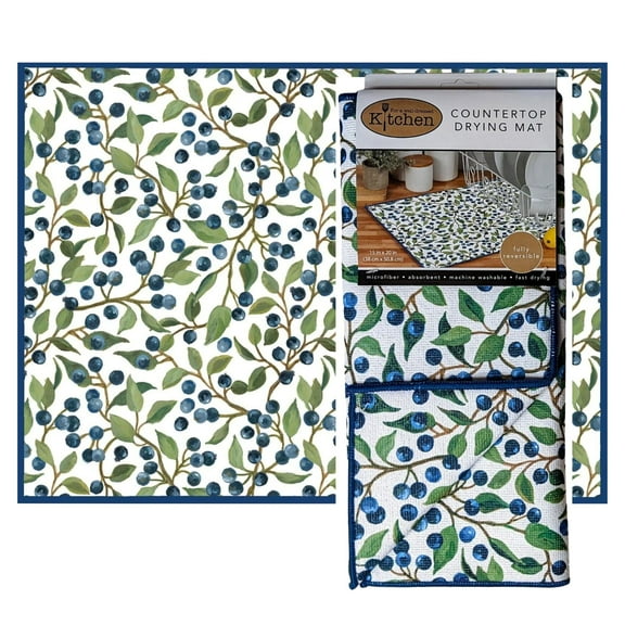 Kay Dee Designs Blueberry Microfiber Drying Mat 15 x 20 Inch Absorbent Kitchen Dish Mat Fast-Drying Counter Mat With Foam Lining for Glassware and Dishes
