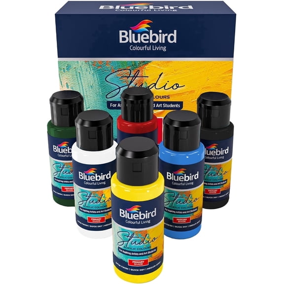 BLUEBIRD Studio Acrylic Paints, Primary Colors, 6-Pack 3.4 fl oz each, Basic Acrylic Paint For DIY Crafts & Beginner Artists