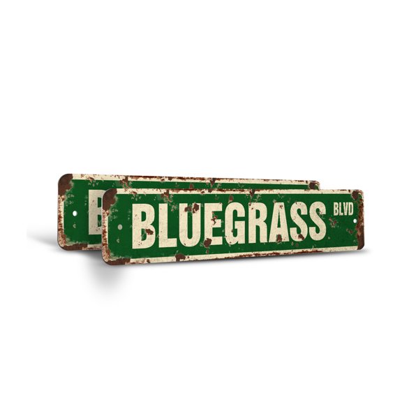BLUEGRASS Vintage Style Rustic Street Sign – (2 Pack) Music Lover Musician Band Banjo Retro Decorative Wall Sign for Home, Bar, Garage, or Outdoor Use | 6" X 24" Aluminum Metal Road