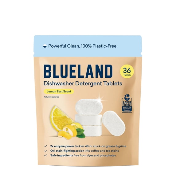 BLUELAND 100% Plastic-Free Dishwasher Detergent Tablets, 36 Count, Lemon Zest Scent, Eco Friendly Dishwashing Pods, Natural, USDA Certified biobased
