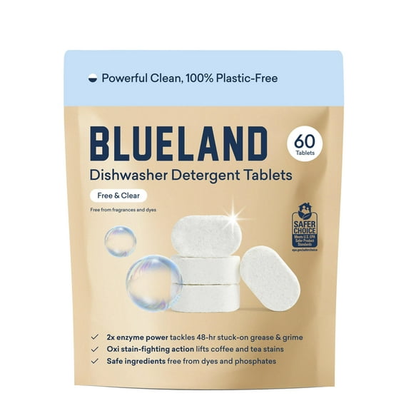 BLUELAND 100% Plastic-Free Dishwasher Detergent Tablets, 60 Count, Free & Clear, Eco-Friendly Dishwashing Pods, Natural, Sustainable