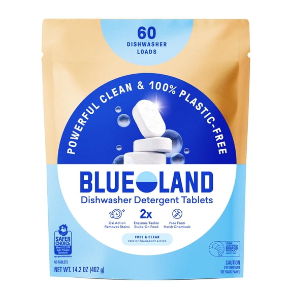 BLUELAND 100% Plastic-Free Dishwasher Detergent Tablets, 60 Count, Free & Clear, Eco-Friendly Dishwashing Pods, Natural, USDA Certified biobased