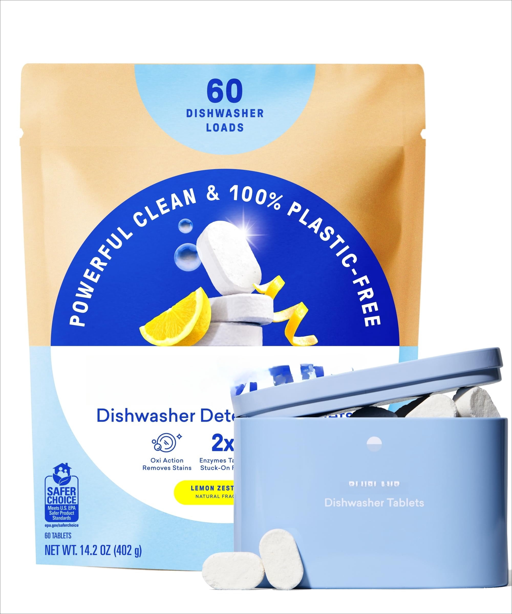 BLUELAND 100% Plastic-Free Dishwasher Detergent Tablets 60 Count, Free & Clear Eco-Friendly Dishwashing Pods, USDA Certified Biobased