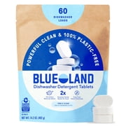 BLUELAND 100% Plastic-Free Dishwasher Detergent Tablets, 60 Count, Free & Clear, Eco-Friendly Dishwashing Pods, Natural, USDA Certified biobased