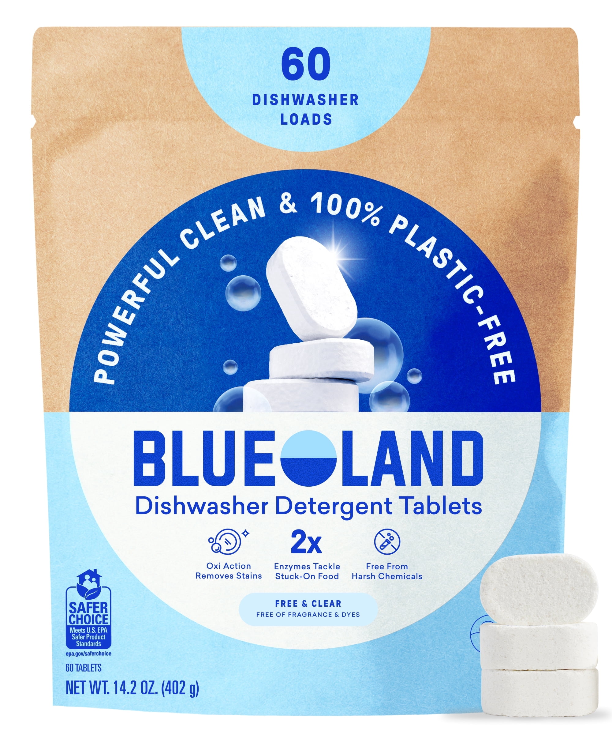BLUELAND 100% Plastic-Free Dishwasher Detergent Tablets, 60 Count, Free & Clear, Eco-Friendly Dishwashing Pods, Natural, USDA Certified biobased