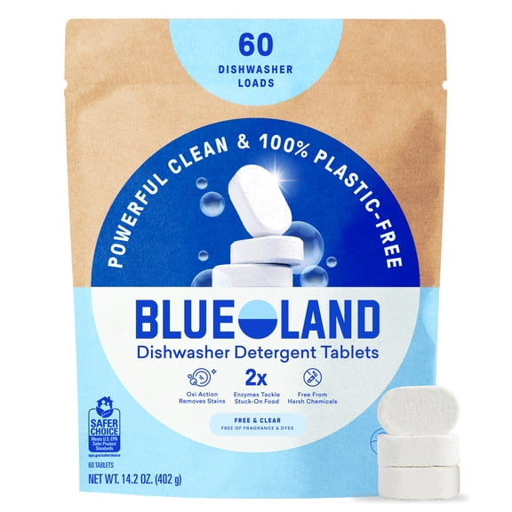 BLUELAND 100% Plastic-Free Dishwasher Detergent Tablets, 60 Count, Free & Clear, Eco-Friendly Dishwashing Pods, Natural, USDA Certified biobased