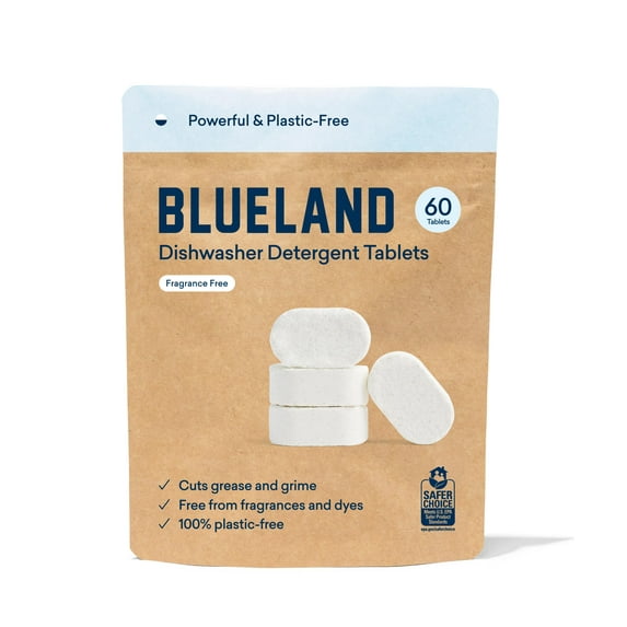 BLUELAND Dishwasher Detergent Tablets, 60 Count, Unscented 100% Plastic-Free Eco Friendly Dishwashing Pods, Natural, Sustainable