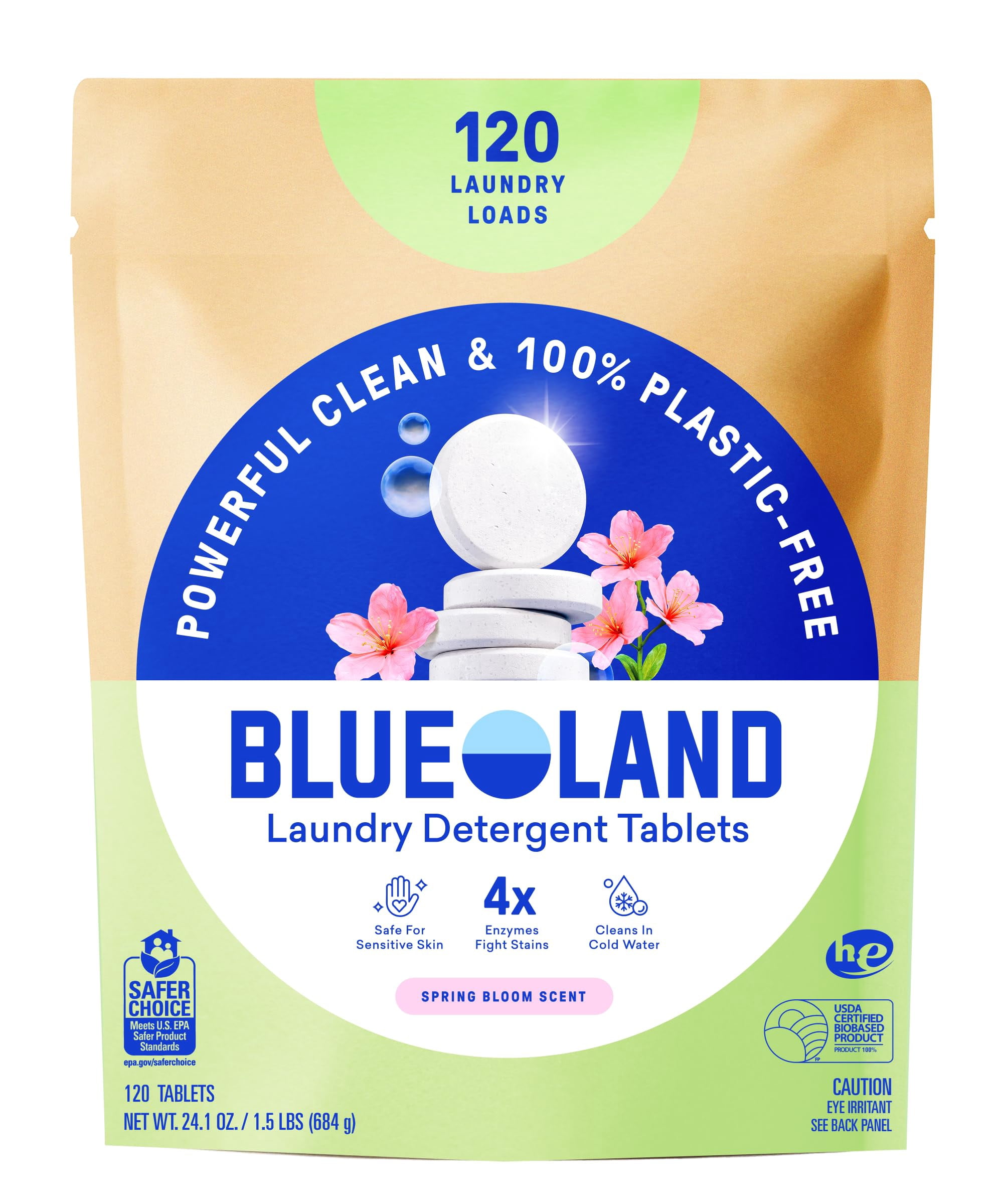 BLUELAND Laundry Detergent Tablets, 120 Count, Spring Bloom Scent, Plastic-Free Eco-Friendly Pods, Sheets, Liquid Alternative - Safe for Sensitive Skin, Gentle