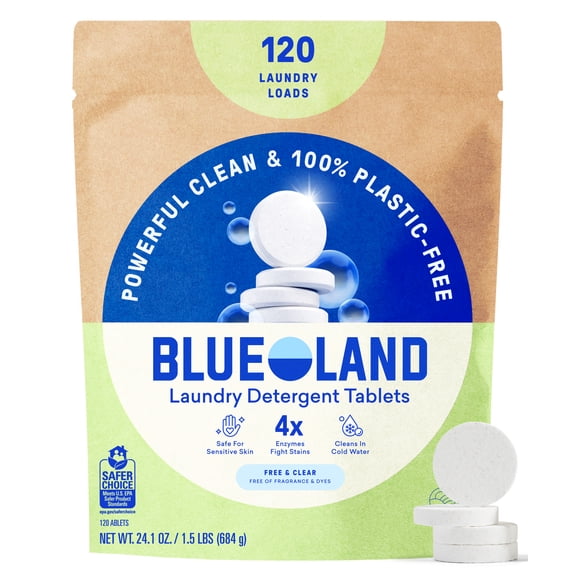 BLUELAND Laundry Detergent Tablets, 120 Count, Plastic-Free Eco-Friendly Pods, Sheets, Liquid Alternative - Fragrance Free and Clear, Natural, Gentle
