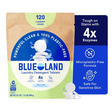 BLUELAND Laundry Detergent Tablets, 120 Count, Plastic-Free Eco-Friendly Pods, Sheets, Liquid Alternative - Fragrance Free and Clear, Natural, Gentle