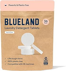 BLUELAND Laundry Detergent Tablets 36 Count, Plastic-Free Alternative to Pods, Sheets, or Liquid - Natural, Sustainable, Eco-Friendly Laundry Detergent in Compostable Pouch