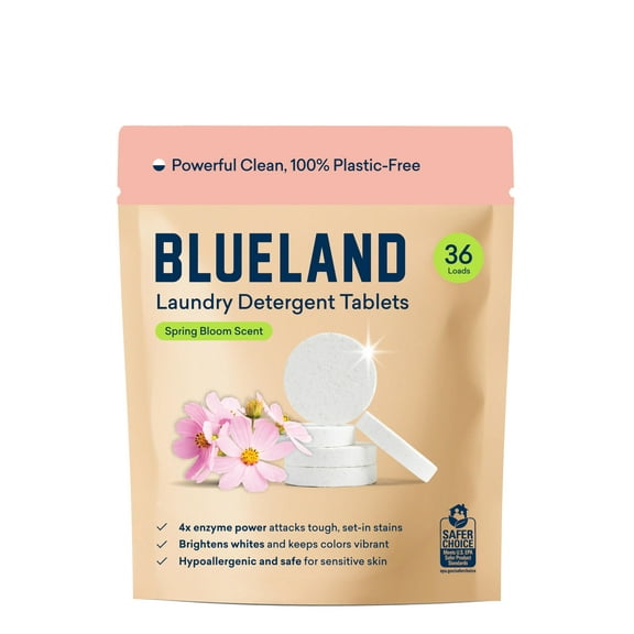 BLUELAND Laundry Detergent Tablets, 36 Count, Spring Bloom Scent, Plastic-Free Eco-Friendly Pods, Sheets, Liquid Alternative - Safe for Sensitive Skin, Gentle