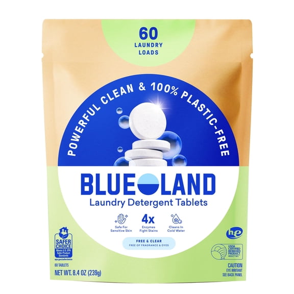 BLUELAND Laundry Detergent Tablets, 60 Count, Plastic-Free Eco-Friendly Pods, Sheets, Liquid Alternative - Fragrance Free and Clear, Natural, Gentle