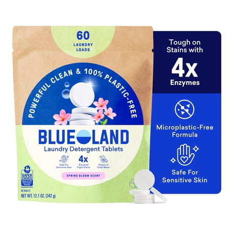BLUELAND Laundry Detergent Tablets, 60 Count, Spring Bloom Scent, Plastic-Free Pods, Sheets, Liquid Alternative - Safe for Sensitive Skin, Gentle